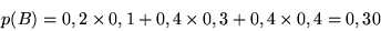 \begin{displaymath}p(B) = 0,2 \times 0,1 + 0,4 \times 0,3 + 0,4 \times 0,4 = 0,30 \end{displaymath}