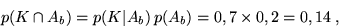 \begin{displaymath}p(K \cap A_b) = p(K\vert A_b)\,p(A_b) = 0,7 \times 0,2 = 0,14 \;,\end{displaymath}