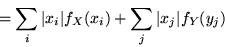 \begin{displaymath}= \sum_i \vert x_i\vert f_X (x_i) + \sum_j \vert x_j\vert f_Y (y_j)\end{displaymath}