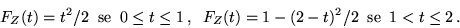 \begin{displaymath}F_Z(t) = t^2/2 \;\;{\rm se}\;\; 0 \leq t \leq 1 \,,\;\;
F_Z(t) = 1 - (2-t)^2/2 \;\;{\rm se}\;\; 1 < t \leq 2 \,.\end{displaymath}