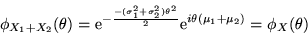 \begin{displaymath}\phi_{X_1+X_2} (\theta) = {\rm e}^{-\frac{- (\sigma_1^2+\sigm...
...heta^2}{2}}
{\rm e}^{i \theta (\mu_1+\mu_2)} = \phi_X (\theta)\end{displaymath}