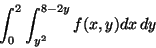 \begin{displaymath}\int_0^2\int_{y^2}^{8-2y}f(x,y)dx\, dy\end{displaymath}