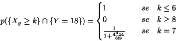\begin{displaymath}p(\{X_g\geq k\}\cap \{Y=18\})=
\begin{cases}
1 &\quad se\quad...
...cr
\frac{1}{1+\frac{4^414}{6!9}} &\quad se\quad k=7
\end{cases}\end{displaymath}