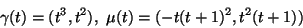 \begin{displaymath}\gamma (t)=(t^3,t^2),\ \mu (t)=(-t(t+1)^2,t^2(t+1))\end{displaymath}