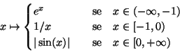 \begin{displaymath}x\mapsto \begin{cases}
e^x\quad&\text{se}\quad x\in (-\infty,...
...rt\sin(x)\vert\quad&\text{se}\quad x\in [0,+\infty)
\end{cases}\end{displaymath}