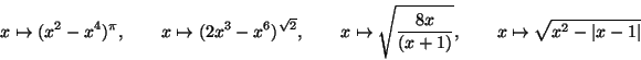 \begin{displaymath}x\mapsto (x^2-x^4)^\pi,\quad\quad
x\mapsto (2x^3-x^6)^{\sqrt ...
...\frac{8x}{(x+1)}},\quad\quad
x\mapsto \sqrt{x^2-\vert x-1\vert}\end{displaymath}