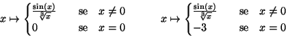 \begin{displaymath}x\mapsto \begin{cases}
\frac{\sin(x)}{\sqrt[3]x}\quad&\text{s...
...ext{se}\quad x\not= 0\cr
-3\quad&\text{se}\quad x=0
\end{cases}\end{displaymath}