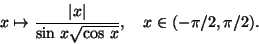 \begin{displaymath}x\mapsto \frac{\vert x\vert}{\sin\,x\sqrt{\cos\,x}}, \quad x\in (-\pi/2,\pi/2).\end{displaymath}