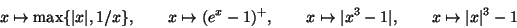 \begin{displaymath}x\mapsto \max\{ \vert x\vert, 1/x\},\quad\quad
x\mapsto (e^x-...
...
x\mapsto \vert x^3-1\vert,\quad\quad
x\mapsto \vert x\vert^3-1\end{displaymath}